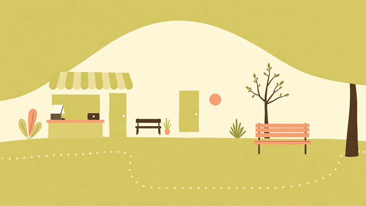 A small map of recurring places: a cafe counter, a doorway, a bench, linked by a dotted path