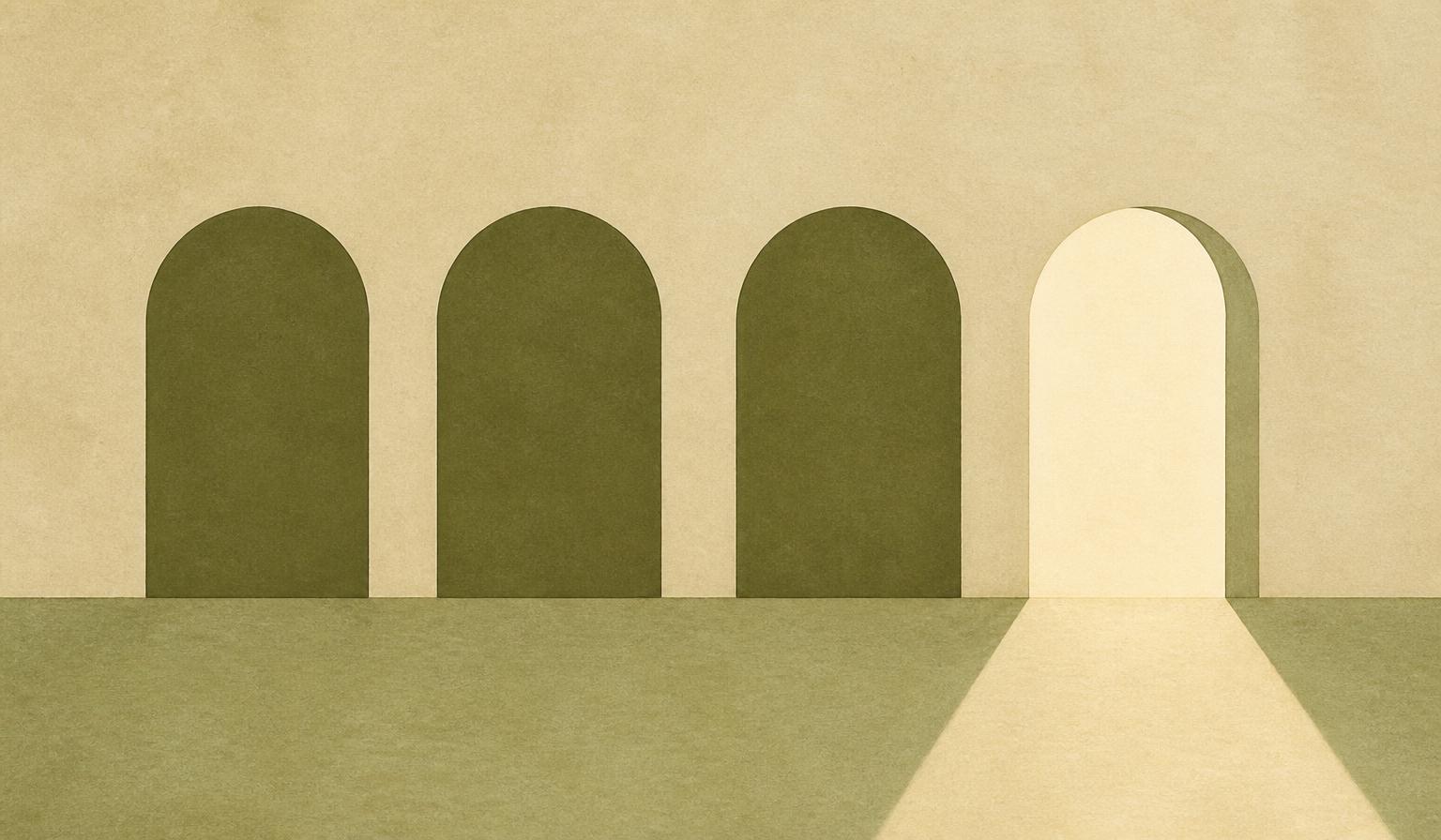 Four doorways, three closed and one open with light coming through