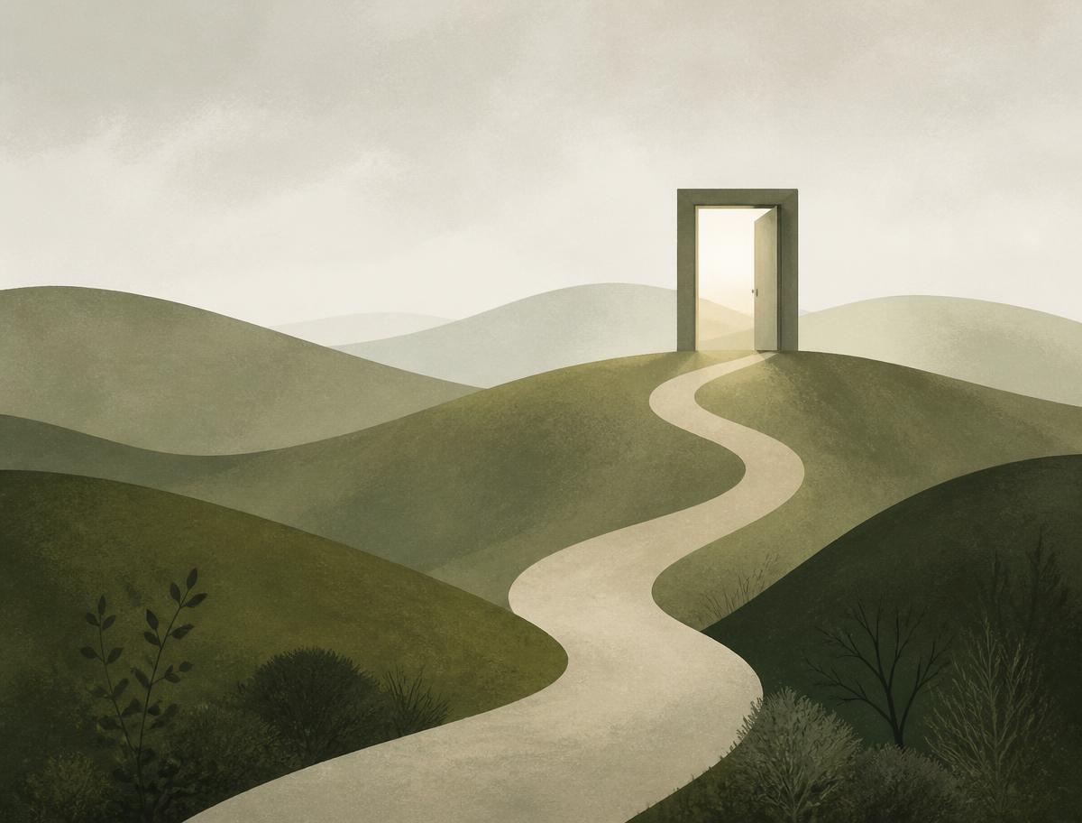 A winding path leading to an open doorway